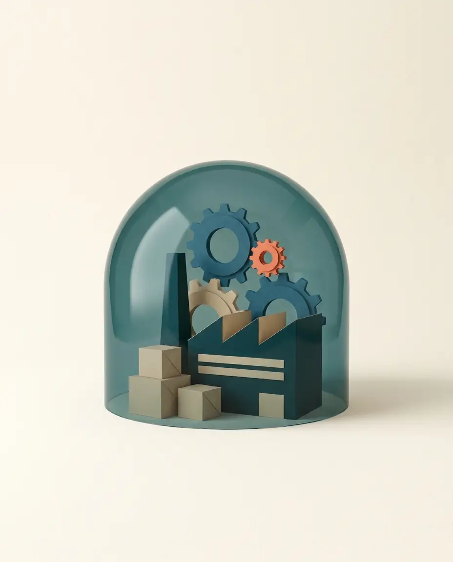 Illustrazione paper-craft: una piccola fabbrica di carta con ingranaggi protetta da una campana di vetro color petrolio