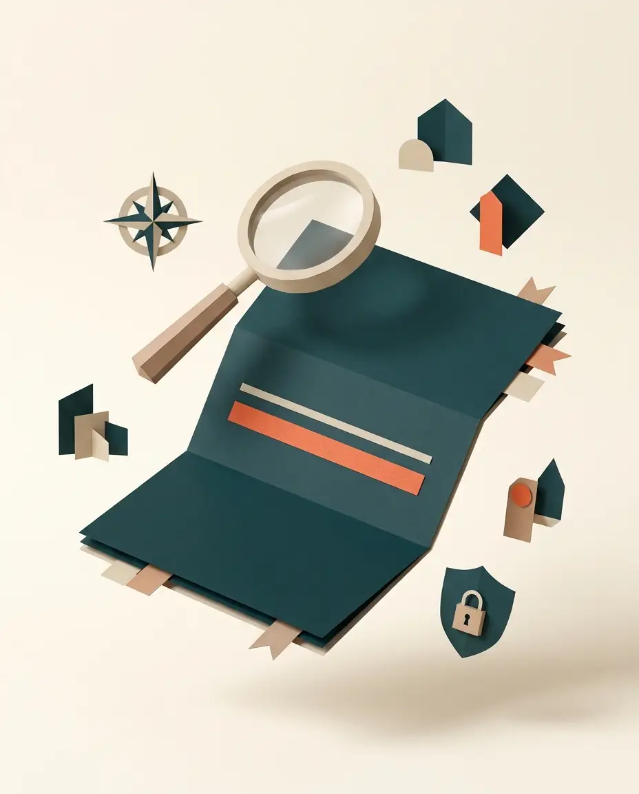 Illustrazione paper-craft: una lente di ingrandimento su una polizza di carta con una clausola evidenziata in corallo
