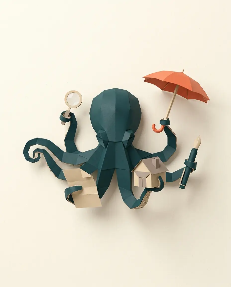 Octo, il polpo di OctoAssicura in paper-craft: le otto braccia reggono lente d'ingrandimento, documenti, una casa, un ombrello corallo e una penna stilografica
