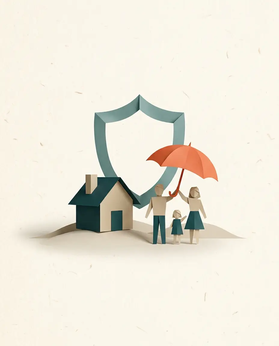 Illustrazione paper-craft: una famiglia sotto un ombrello corallo davanti a una casa di carta, protetta da uno scudo