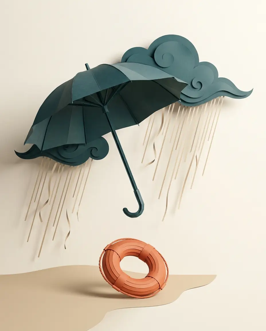 Illustrazione paper-craft: un ombrello aperto sotto nuvole di carta con pioggia, accanto un salvagente corallo